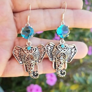 Crystal Elephant Earrings, Silver Elephant Earrings, Silver Elephant Dangle Earrings, Large Elephant Earrings, Elephant Dangle Earrings