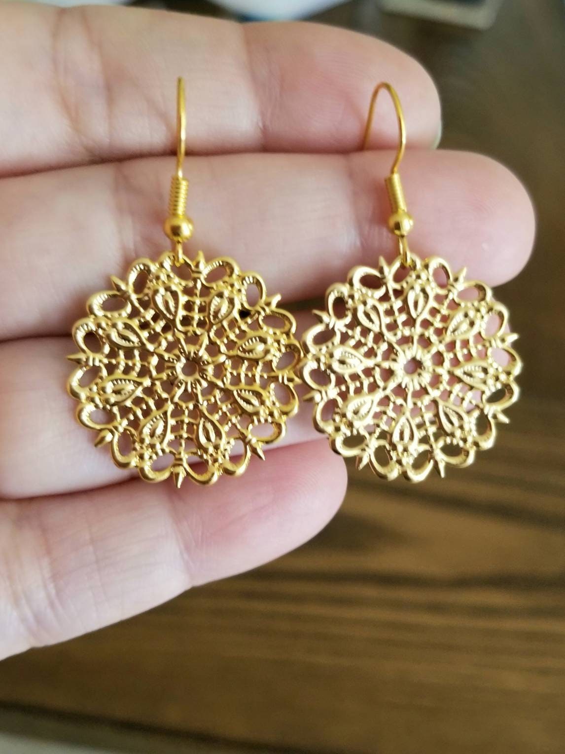 Gold Filigree Earrings Disc Drop Earrings Round Earrings