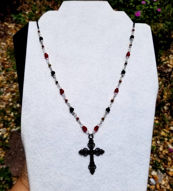 Gothic Ankh Cross Necklace With Black Beads & Bat Charm - Punk Long Rosary Chain For Women & Men
