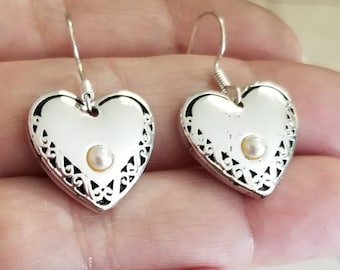 Heart Earrings, Sterling Silver Heart Earrings, Silver Dangle Earrings, Sterling Silver Earrings, Pearl Accent Earrings, Heart Jewelry