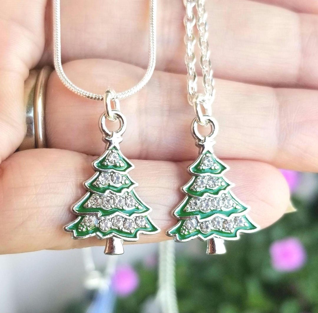 Sterling Silver Christmas Tree Necklace, Crystal Christmas