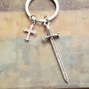 Knights Sword Keychain: Gothic Cross Charm, Medieval Jewelry