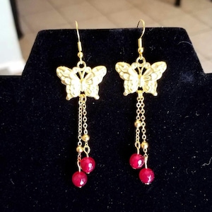 Ruby Jade Earrings, 14k Gold Jade Earrings, Gold Dangle Earrings, Red Jade, Womens Earrings, Jade Jewelry, Gold Tassel Earrings, Jade