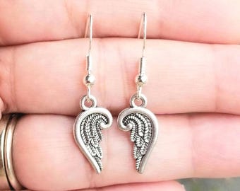 Dainty Silver Angel Wing Dangle Earrings: Religious Jewelry, Guardian Angels, Faith, Hope, Strength, Healing,  Courage
