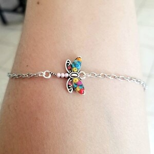 Silver Dragonfly Bracelet Colorful Dragonfly, Dragonfly Bracelet, Dragonfly Anklet, Dragonfly Necklace, Silver Bracelet, Silver Anklets Cable chain Bracelet