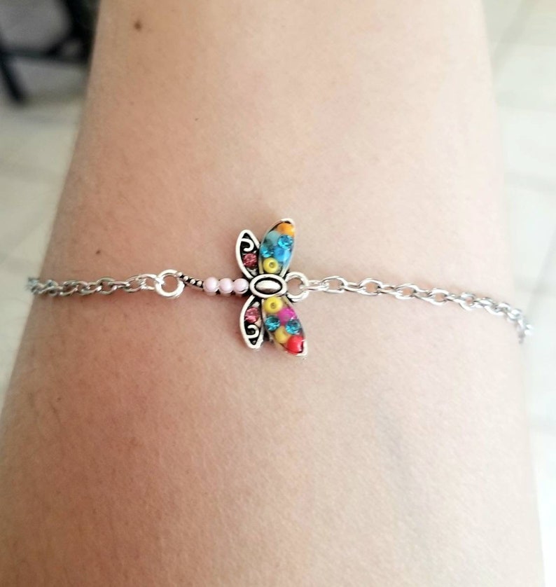 Silver Dragonfly Bracelet Colorful Dragonfly, Dragonfly Bracelet, Dragonfly Anklet, Dragonfly Necklace, Silver Bracelet, Silver Anklets Cable chain Bracelet