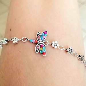 Silver Flower Anklet, Dragonfly Charm Anklet, Daisy Chain Anklet, Flower Anklet or Bracelet, Womens Anklet, Dragonfly Bracelet, Dragonfly