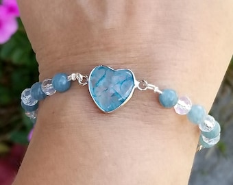 Aquamarine Heart Bracelet, Silver Aquamarine Bracelet, Aquamarine Bracelet, Aquamarine Beaded Bracelet, Aquamarine Jewelry, March Birthstone