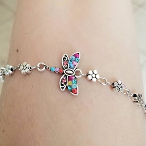 Silver Flower Anklet, Dragonfly Charm Anklet, Daisy Chain Anklet, Flower Anklet or Bracelet, Womens Anklet, Dragonfly Bracelet, Dragonfly