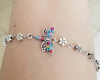 Silver Flower Anklet, Dragonfly Charm Anklet, Daisy Chain Anklet, Flower Anklet or Bracelet, Womens Anklet, Dragonfly Bracelet, Dragonfly