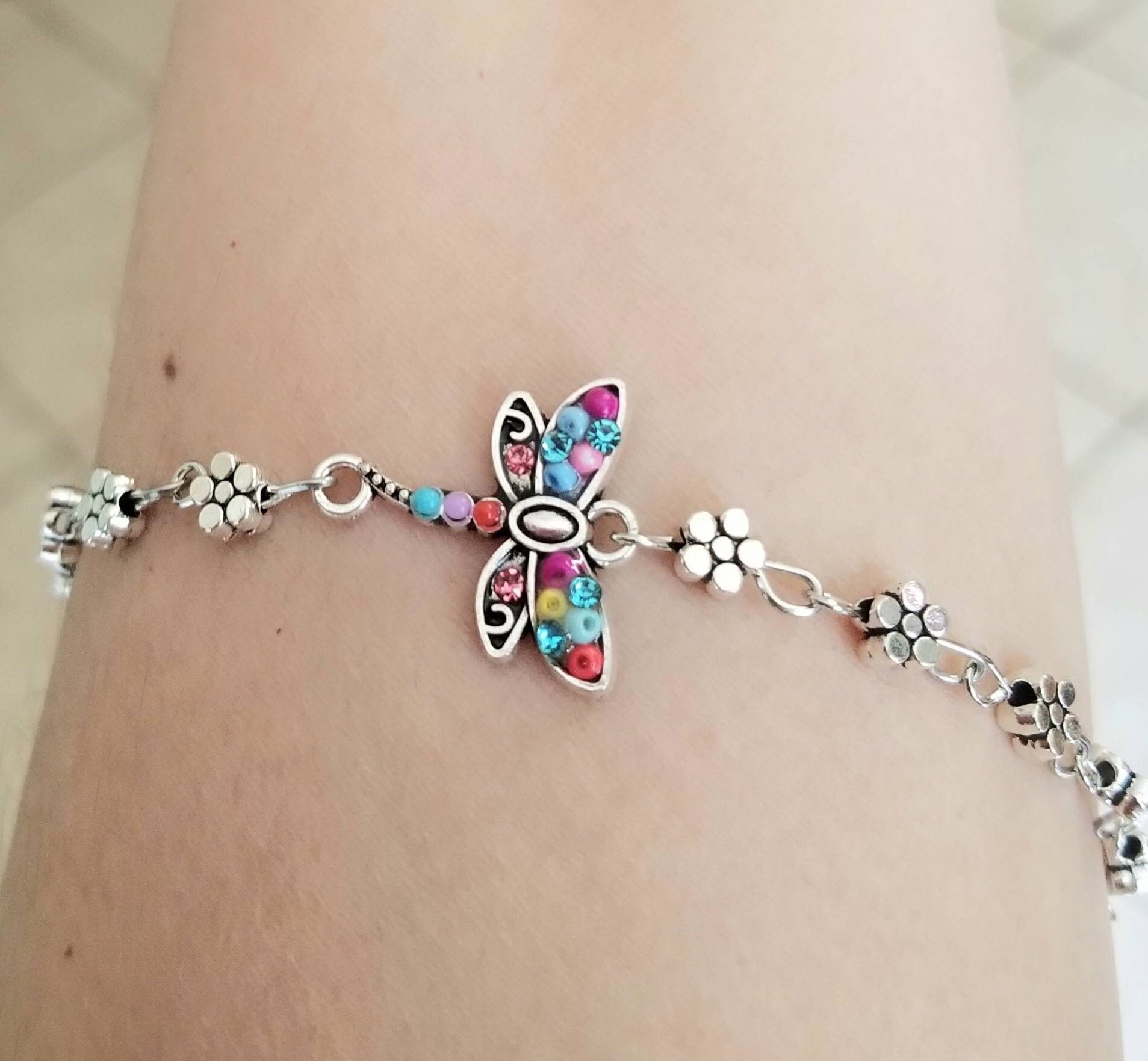 Bracelet De Cheville Chaîne Doré - Charme Libellule Et Rose - Acier Inoxydable - Neuf