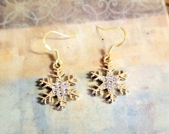 Crystal Snowflake Earrings, 14k Gold Snowflake Earrings