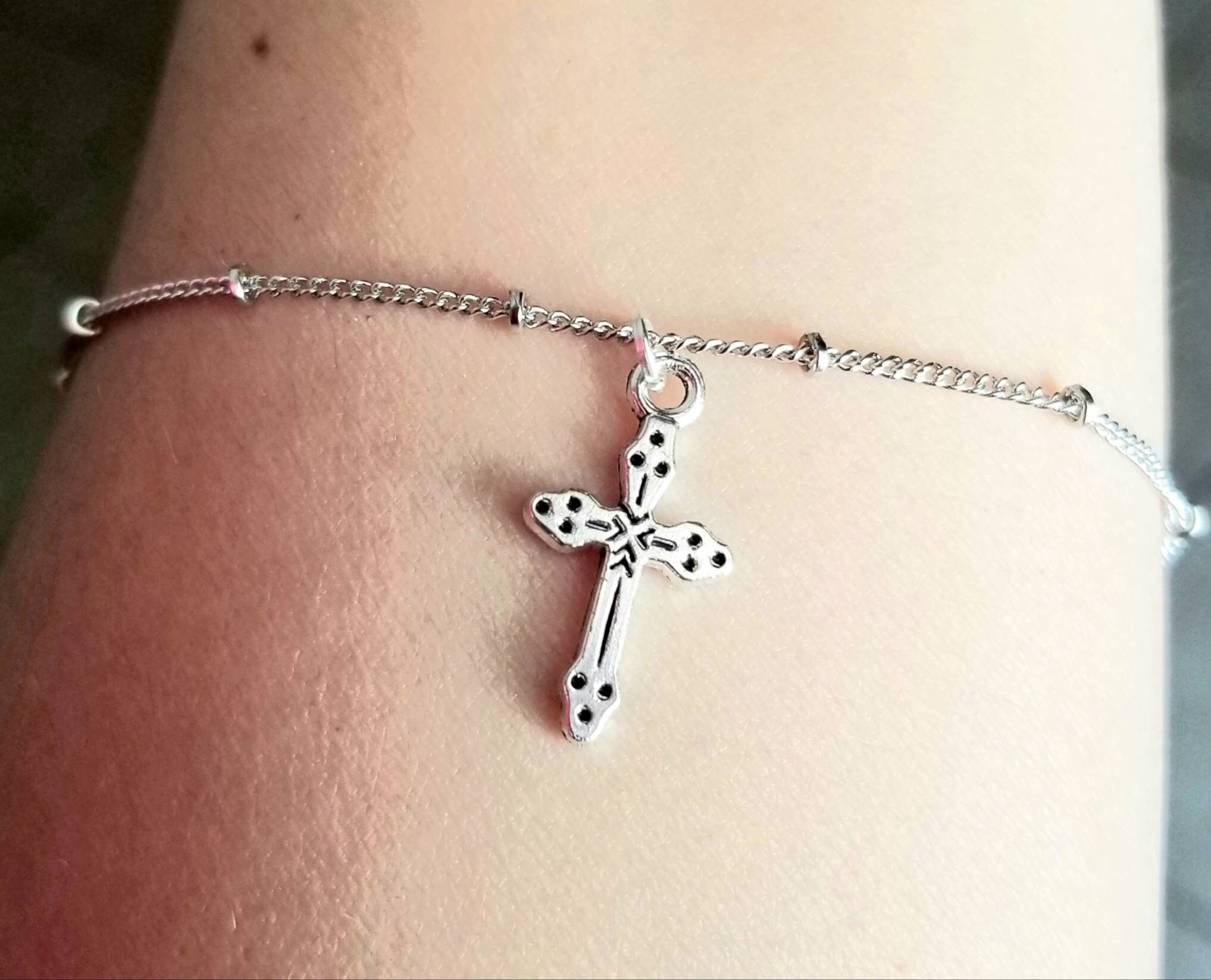 Cross Anklet Silver Beaded Ankle Bracelet Crucifix Jewelry Etsy
