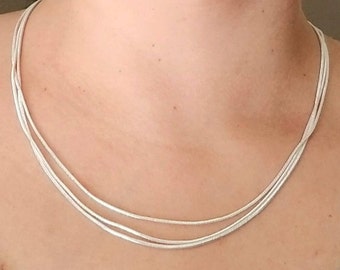 Sterling Silver Triple Strand Necklace, Liquid Silver Necklace, 3 Strand Silver Snake Chain, Womens Layered Necklace, Gift for Her, Wife