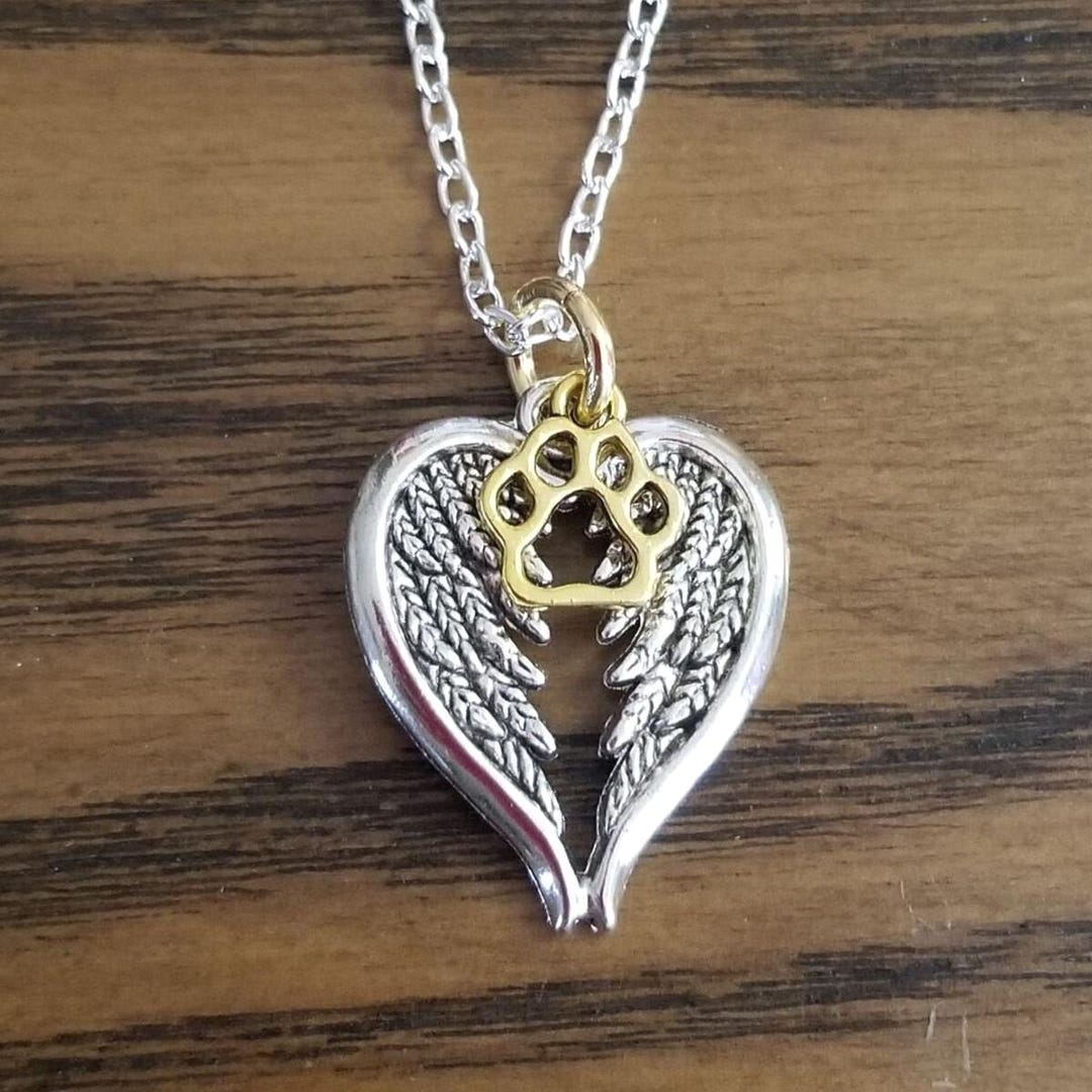 Pet Loss Memorial Necklace, Angel Wings Paw Print Pendant, Dog in ...