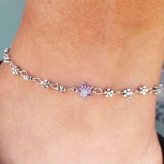 Purple Crystal Daisy Anklet: Silver Flower Chain Ankle Bracelet