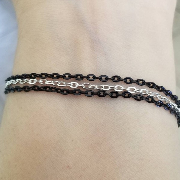 Layered Anklet, Black & Silver Chain Anklet, Multi Strand Ankle Bracelet, Black Chain Anklet, 3 Strand Anklet, Ankle Bracelets