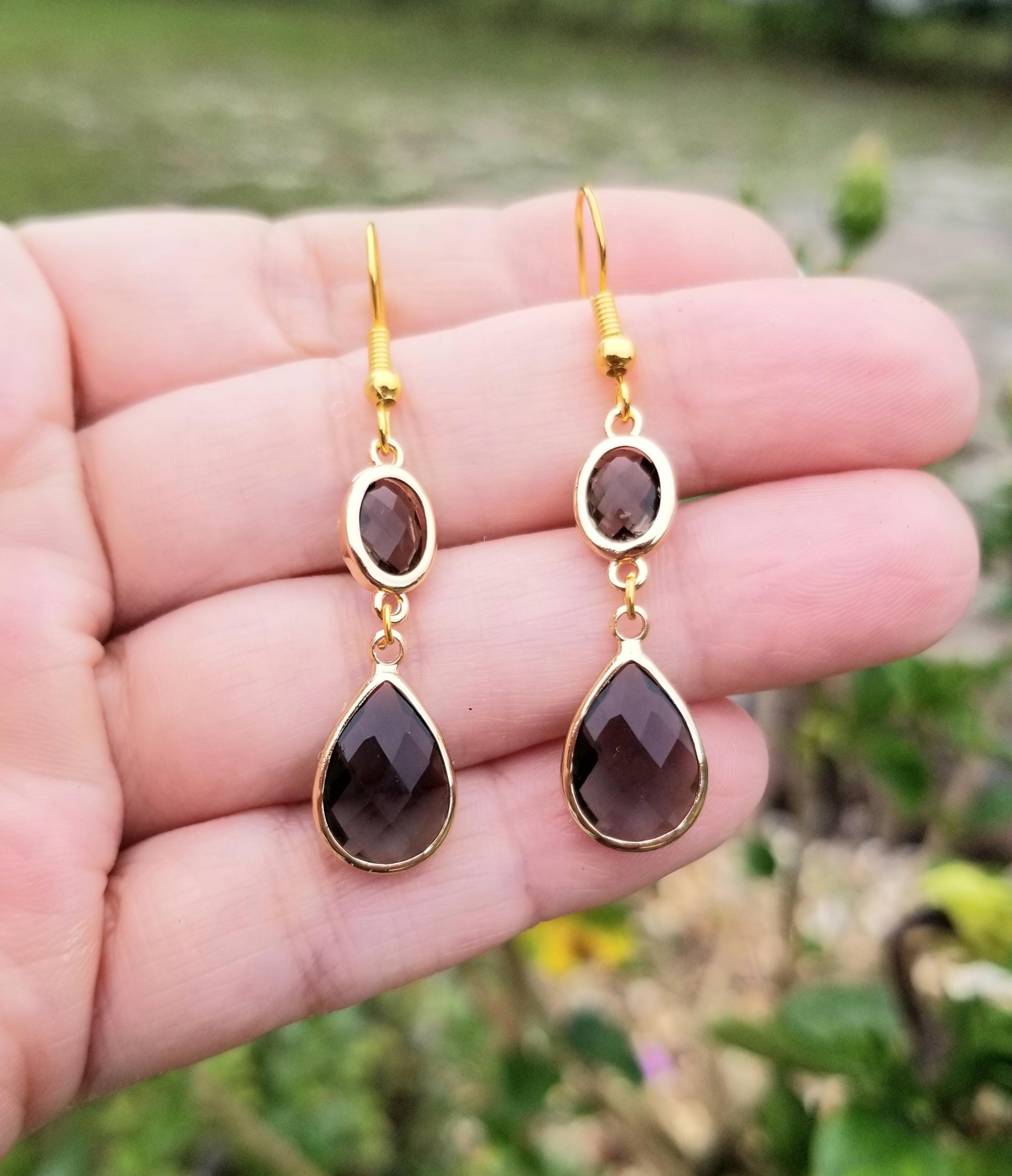 14k Gold Smoky Black Quartz Earrings, Tear Drop Earrings