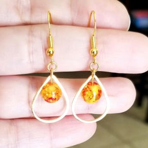 14k Gold Dangle Earrings, Amber Earrings, Beaded Earrings, Teardrop Earrings, Gold Earrings, Red Amber, Gifts for Her, Dangle Earrings