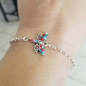 Silver Dragonfly Bracelet Colorful Dragonfly, Dragonfly Bracelet, Dragonfly Anklet, Dragonfly Necklace, Silver Bracelet, Silver Anklets Rolo chain Bracelet