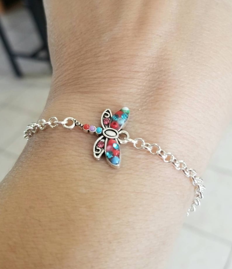 Silver Dragonfly Bracelet Colorful Dragonfly, Dragonfly Bracelet, Dragonfly Anklet, Dragonfly Necklace, Silver Bracelet, Silver Anklets Rolo chain Bracelet