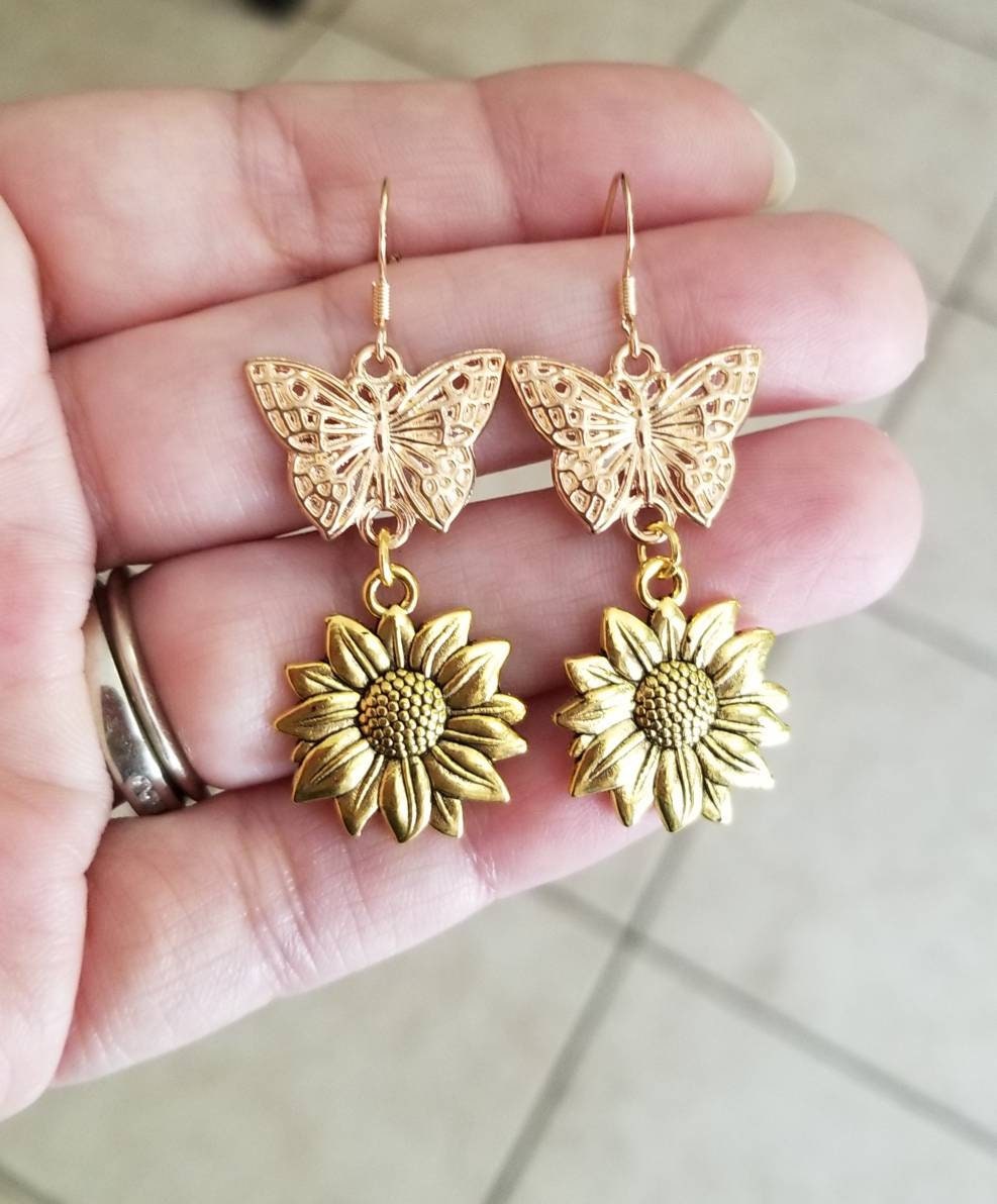 14k Gold Sunflower Earrings Butterfly Sunflower Dangle Etsy