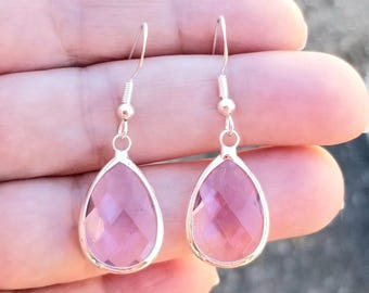 Sterlingzilveren roze toermalijn druppeloorbellen, lichtroze toermalijn hanger, geboortesteen oktober, pastelroze edelsteen