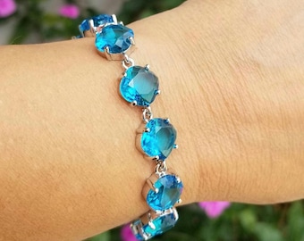 Sterling Silver Blue Topaz Bracelet, Silver Blue Topaz Bracelet, Swiss Blue Topaz Bracelet, Blue Topaz Tennis Bracelet, Blue Topaz Jewelry