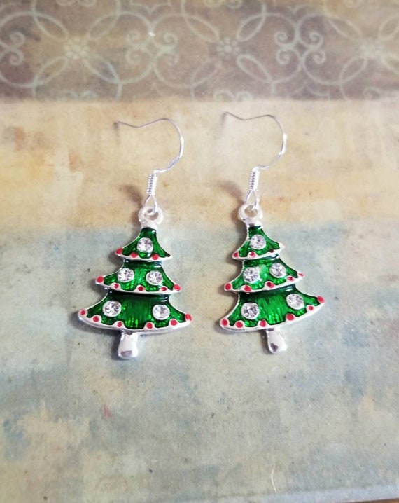 Silver Christmas Tree Earrings, Crystal Christmas Tree  display picture 1