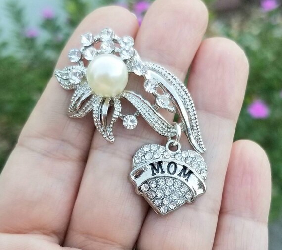 Mom Brooch Crystal Flower Brooch Silver Mom Brooch Mom Pin