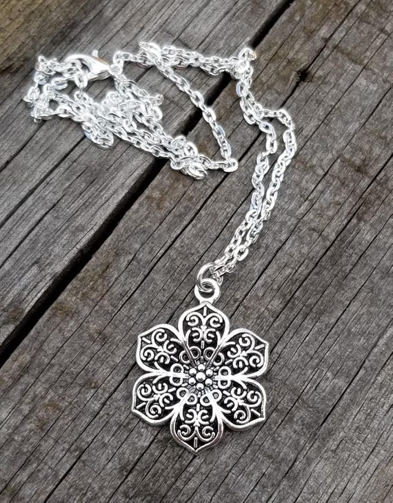 Large Filigree Flower Pendant Necklace, Bali Flower Earrings