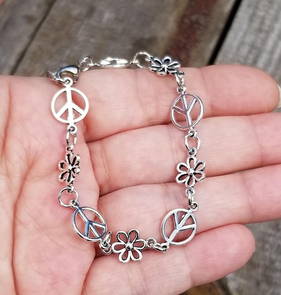 Silver Peace Bracelet, Peace Sign Charm Bracelet, Peace Sign