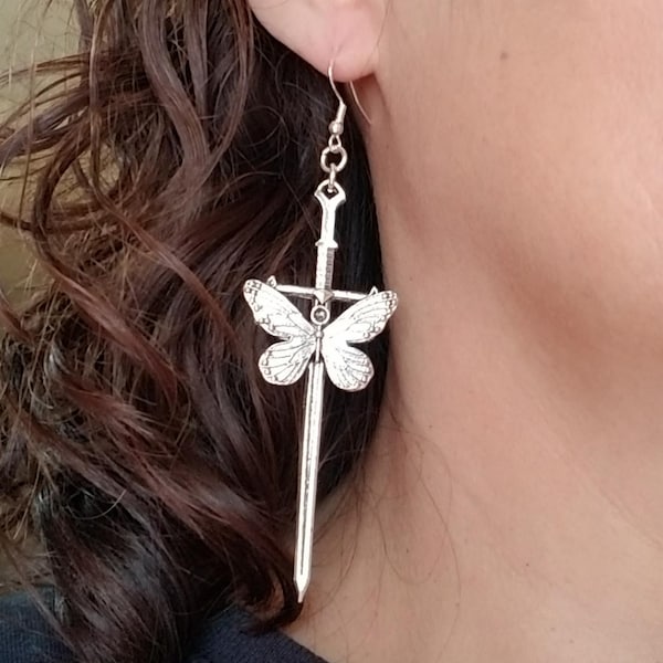 Silver Butterfly Sword Earrings, Silver Sword Earrings, Sword Jewelry, Sword Dangle Earrings, Sword Earrings for Her, Womens Sword Earrings