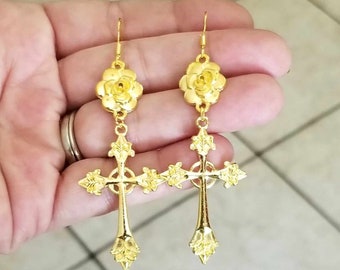 Rose Cross Earrings, Large Cross Earrings, Gold Cross Earrings, Cross Dangle Earrings, Large Cross Earrings, Religious Jewelry, Gift for Her