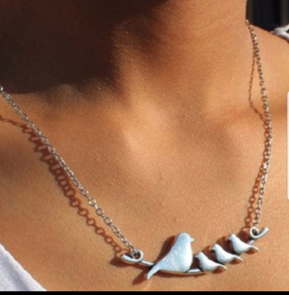 Silver Bird Necklace, Four Birds on Branch Pendant, Bird Jewelry