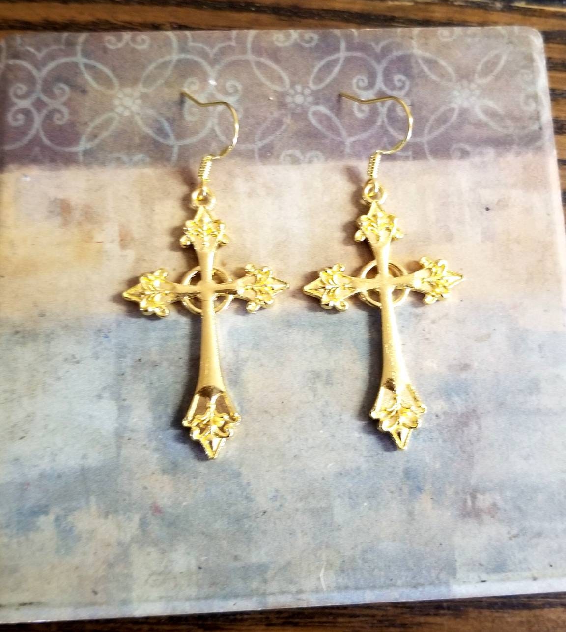 Orecchini Pendenti A Croce In Cristallo CZ - Vintage Filigrana Oro, Gioiello Religioso Per Donna