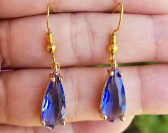 14k Gold Blue Sapphire Teardrop Earrings, Gold Sapphire Dangle Earrings, September Birthstone, Blue Gemstone Earrings, Elegant