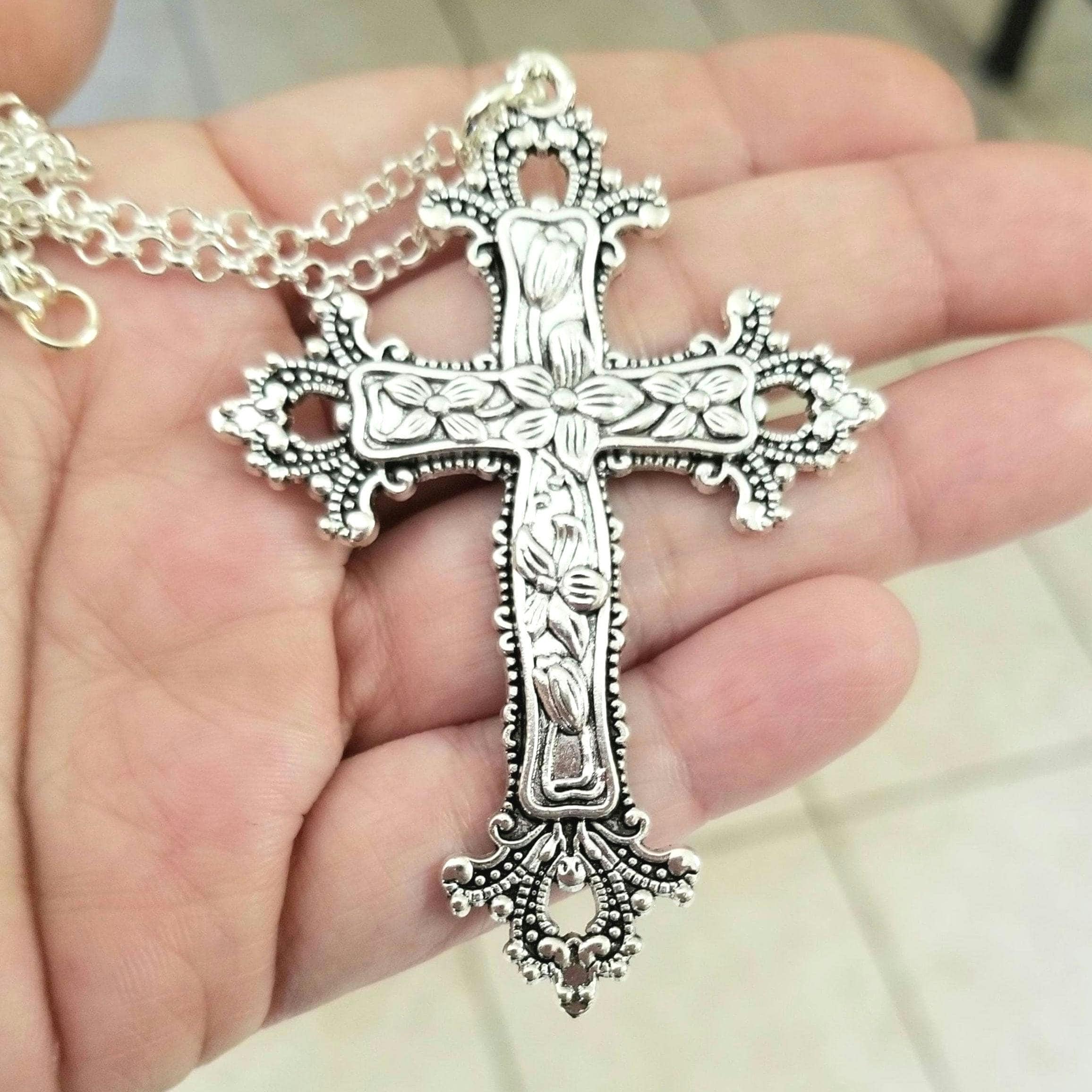 Silver Cross Necklace, Large Cross Necklace, Black Cross Necklace
