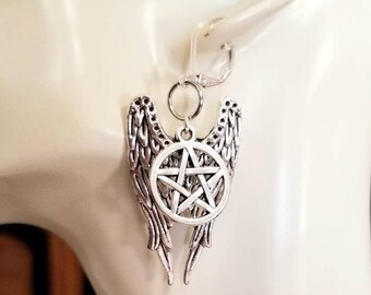 Boucle d'oreille pour homme, boucle d'oreille pentagramme en argent, boucle d'oreille ailes d'ange, païenne, surnaturel, occulte, bijoux pentagramme, gothique, boucles d'oreilles pour homme