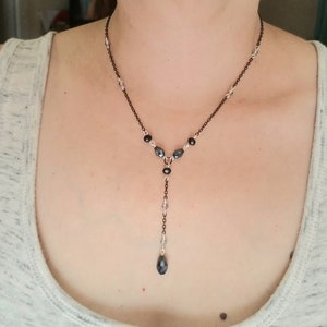 Black Crystal Necklace, Black Choker Necklace, Crystal Necklace, Womens Necklace, Crystal Lariat Necklace, Y Necklace, Goth, Gothic