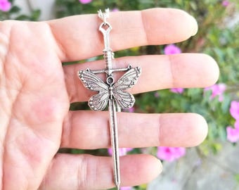 Zilveren vlinderzwaardketting, zilveren zwaardketting, zwaardsieraden, zwaardketting, zwaardketting voor haar, dameszwaardketting