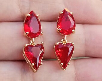 14k Gold Rubin Ohrstecker, Rubin Herz, Rubin baumeln, Rubin Ohrstecker, Roter Edelstein, Rotes Herz Ohrringe, Rubin Ohrringe