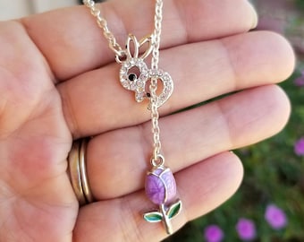 Crystal Bunny & Purple Tulip Lariat Necklace, Silver Tulip Necklace, Bunny Lariat Necklace, Easter Necklace, Rabbit Necklace, Easter Jewelry
