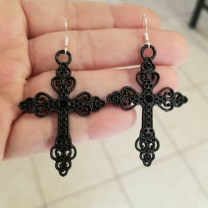 Large Cross Earrings, Sterling Silver Earrings, Black Cross Dangle Earrings, Womens Earrings, Goth, Gothic Cross Jewely, Religious Jewelry