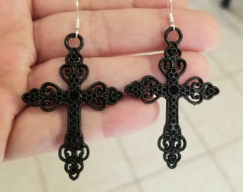 Large Cross Earrings, Sterling Silver Earrings, Black Cross Dangle Earrings, Womens Earrings, Goth, Gothic Cross Jewely, Religious Jewelry