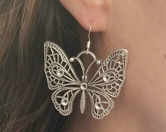 Silver Butterfly Earrings, Butterfly Dangle Earrings, Large Butterfly Earrings, Butterfly Jewelry, Bohemian, Monarch Butterfly Earrings