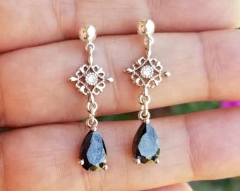 Pendientes de ónix negro en plata de ley, colgantes de ónix negro, piedras preciosas negras, joyas de ónix negro, piedra de nacimiento de enero, pendientes de plata