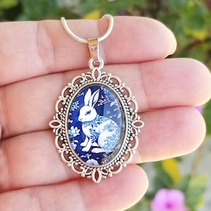 Blue & White Floral Bunny Necklace, Sterling Silver Bunny Necklace, Easter Necklace, Rabbit Necklace, Silver Rabbit Necklace, Easter Jewery