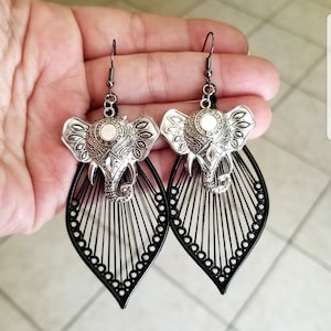 Silver Elephant Earrings, Large Elephant Earrings, Elephant Dangle Earrings, Boho, Womens Earrings, Elephant Jewelry, Elephant Earrings