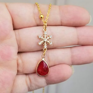 Gold Schneeflocke Rubin Anhänger Halskette, Goldkristall Schneeflocke baumeln Ohrringe, Urlaub Schmuck, Rubin Weihnachtskette, Winter Schmuck